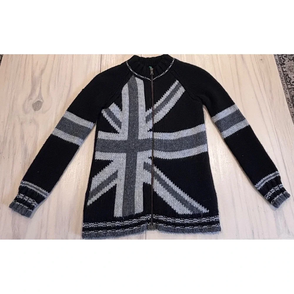 United Colors of Benetton Union Jack Zip Up Sweater Black Gray Britpop Y2K punk